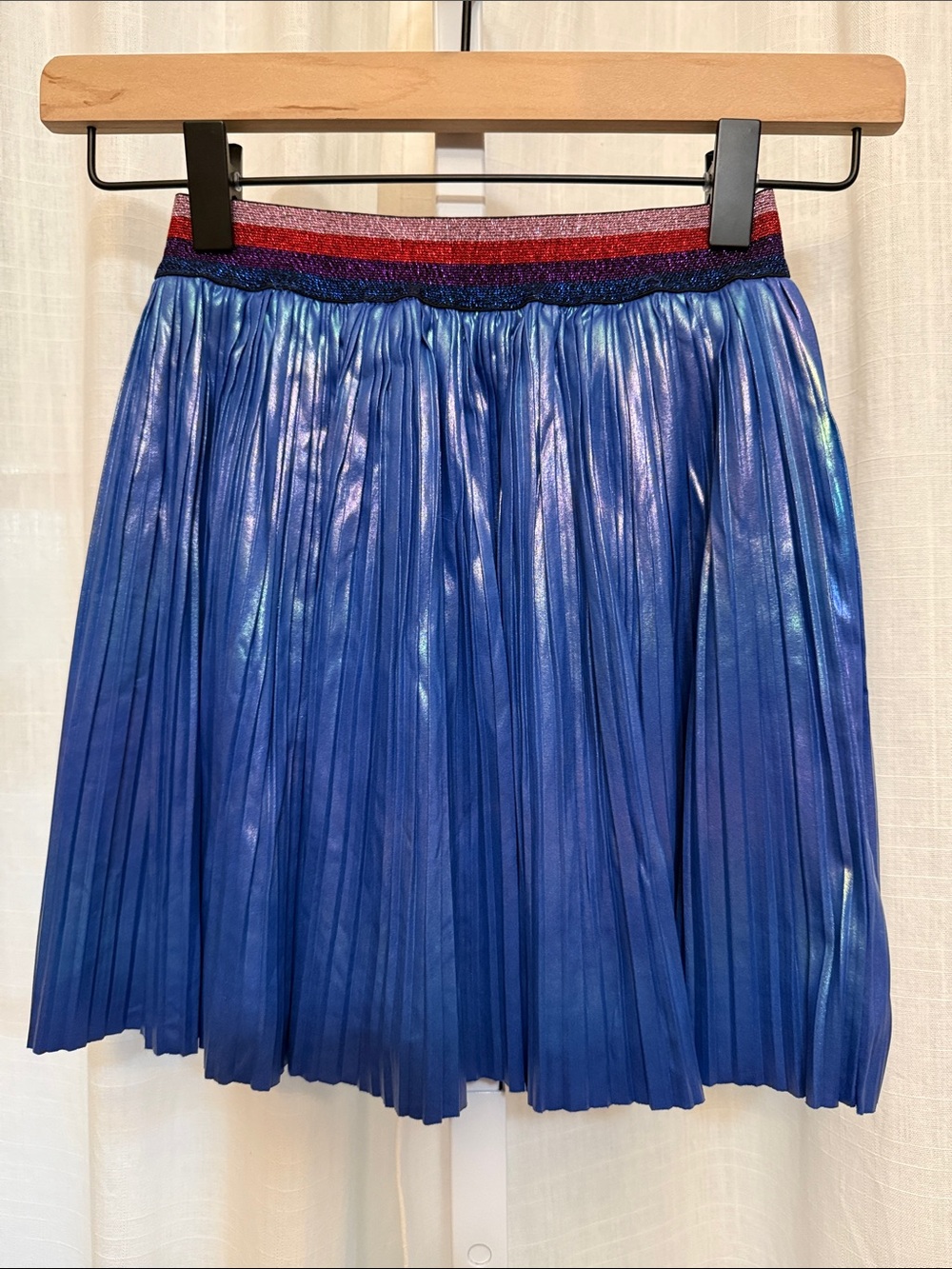 Girls Iridescent Blue Pleated Skater Skirt with Striped Elastic Waistband